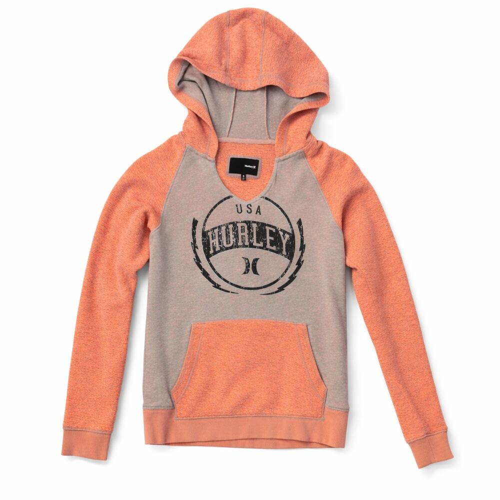 Hurley Hoodie V-Neck Pullover Women's Size Small Coral Gray Logo Beach Tropical